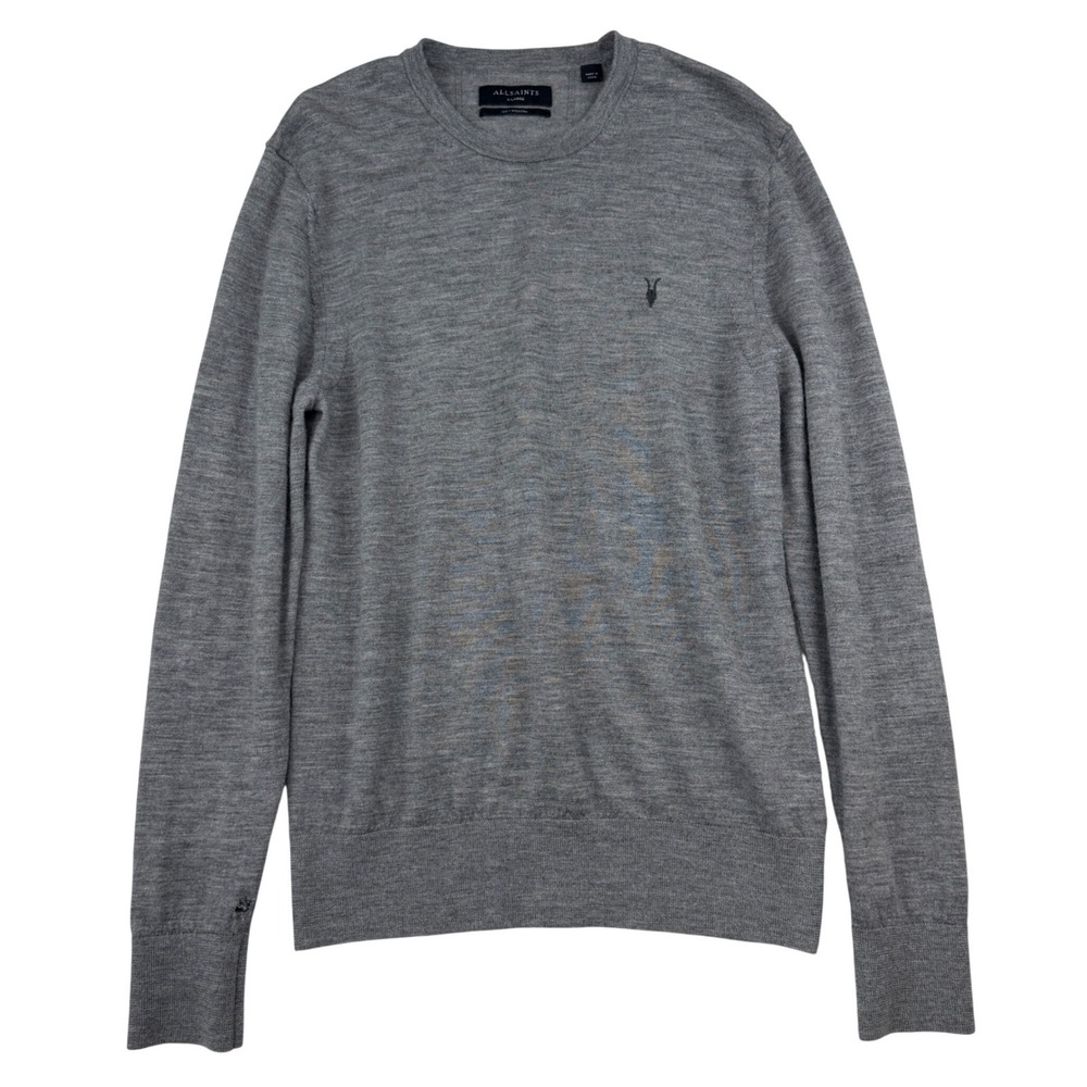 AllSaints Mens XL Gray 100% Wool Crewneck Sweater Ramskull Slim Fit